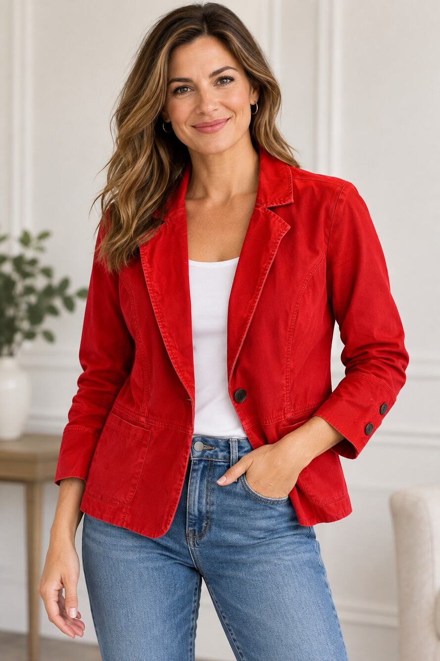 Cabi red one button cotton twill blazer size 10 holiday business
